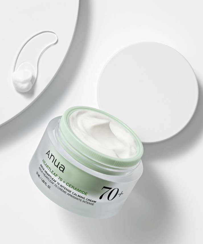 ANUA Heartleaf 70 + Ceramide Intense Calming Cream 50ml jar open with cream texture visible on lid