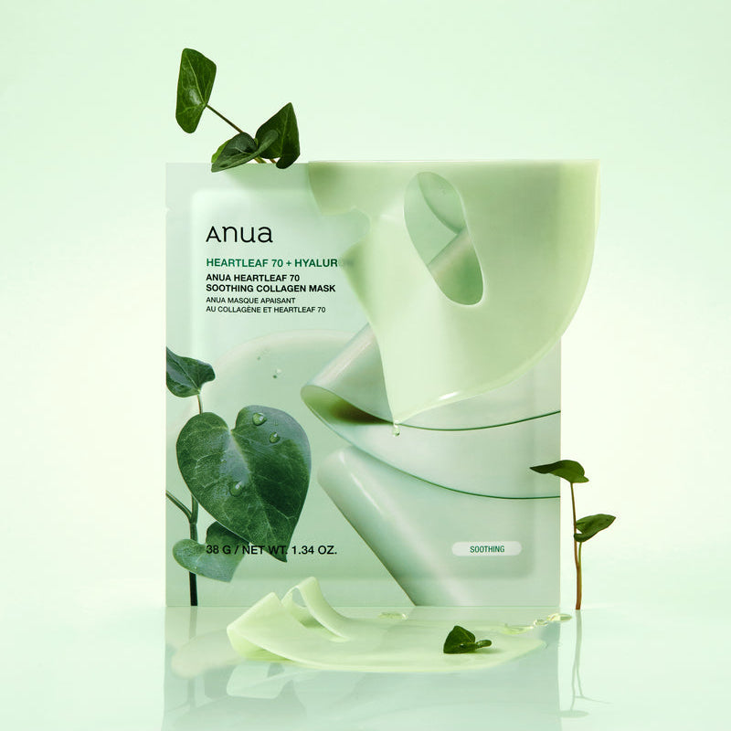 ANUA Heartleaf 70 Soothing Collagen Mask 4pcs packaging with leaves in the background