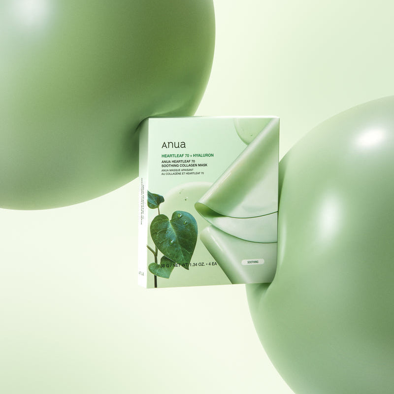 ANUA Heartleaf 70 Soothing Collagen Mask 4pcs product packaging surrounded by green balloons