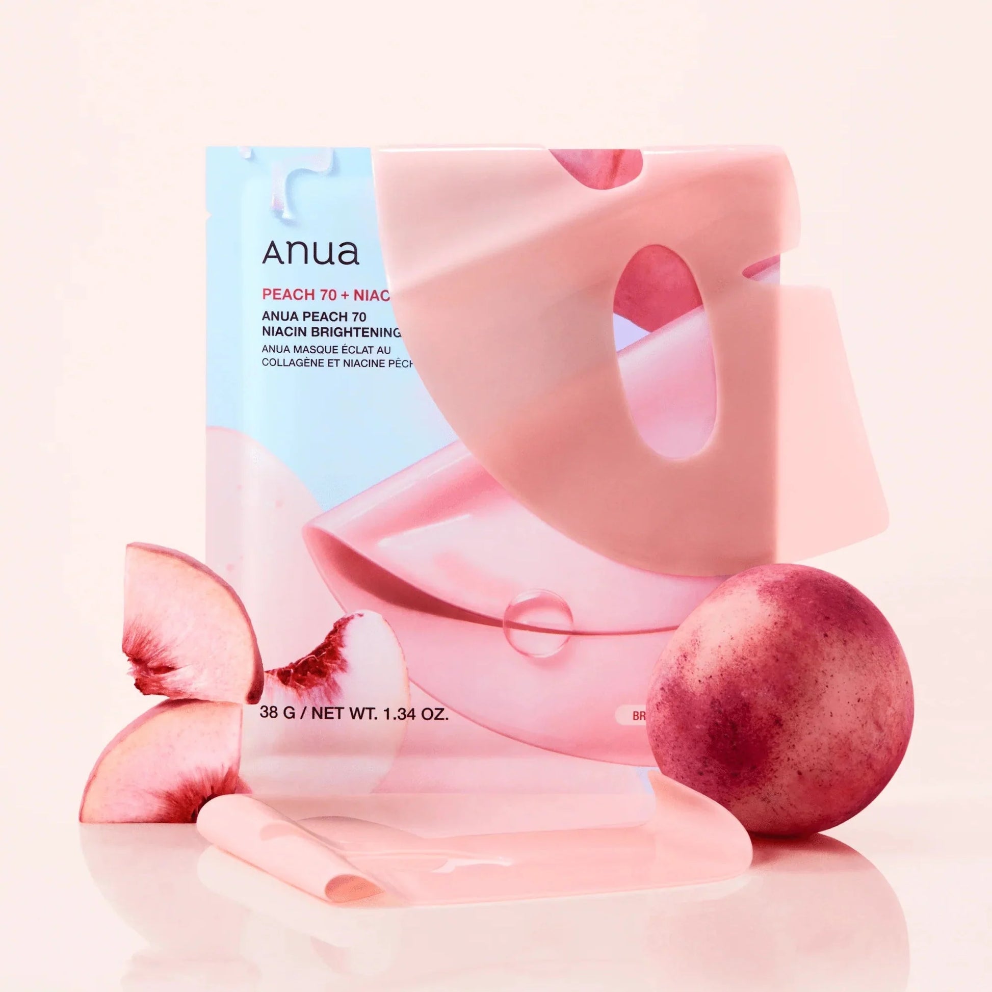 ANUA Peach 70 Niacin Brightening Collagen Mask 4pcs shown with peach slices and mask sheet