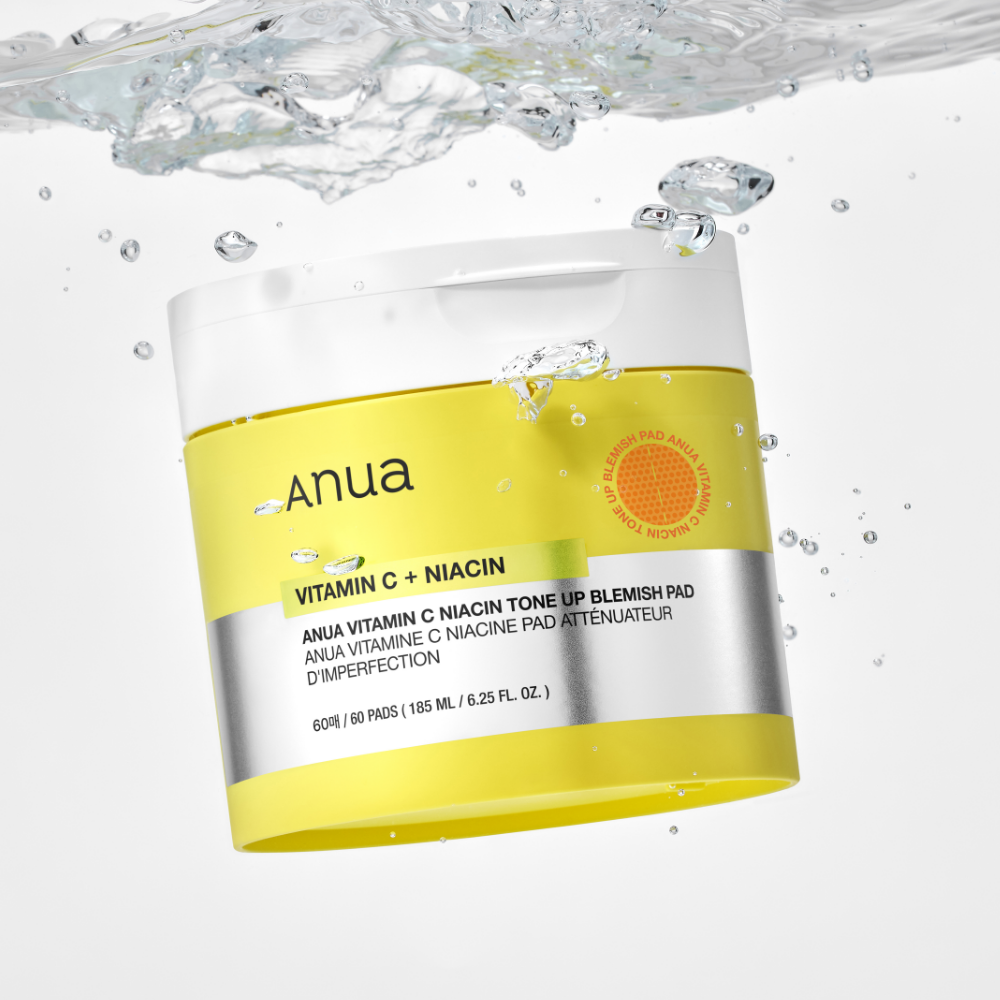 ANUA Vitamin C + Niacin Tone Up Blemish Pad 60p 185ml container in water splash