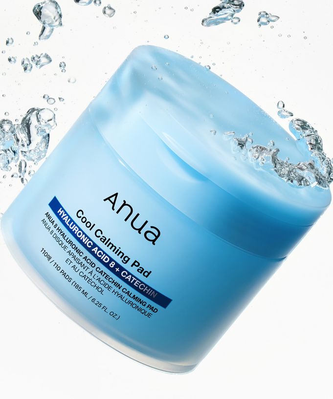 ANUA 8 Hyaluronic Acid Catechin Calming Pads 110 Pads in light blue packaging with splashing water.