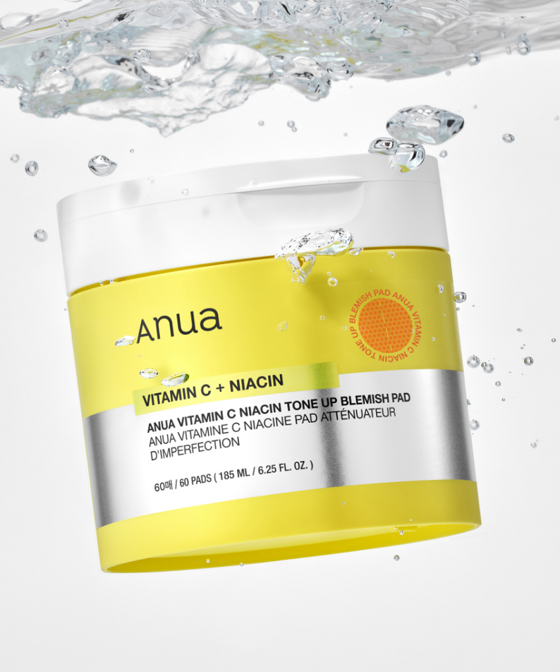 ANUA Vitamin C + Niacin Tone Up Blemish Pad 60p 185ml container in water splash
