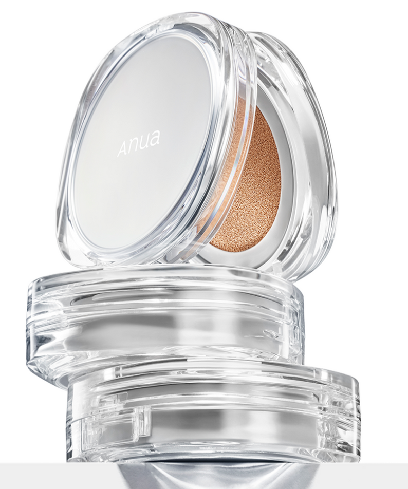 ANUA Cushion of the knot in a sleek transparent case, highlighting its elegant design and smooth finish for flawless application.