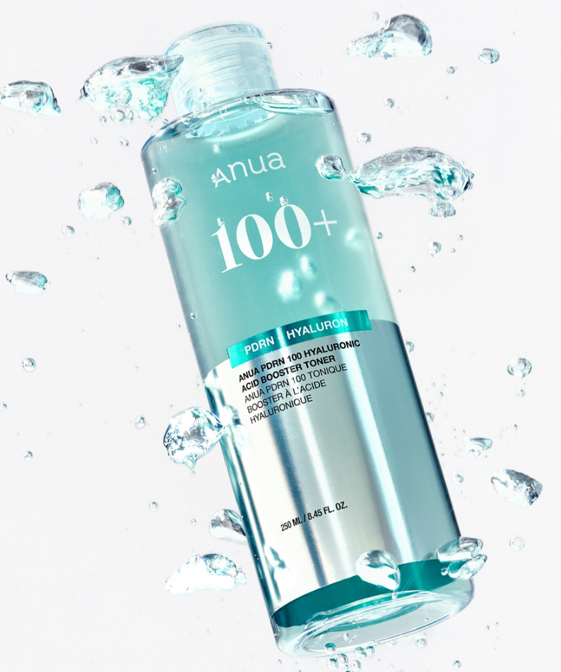 ANUA PDRN 100 Hyaluronic Acid Booster Toner 250ml product image with splashes of water
