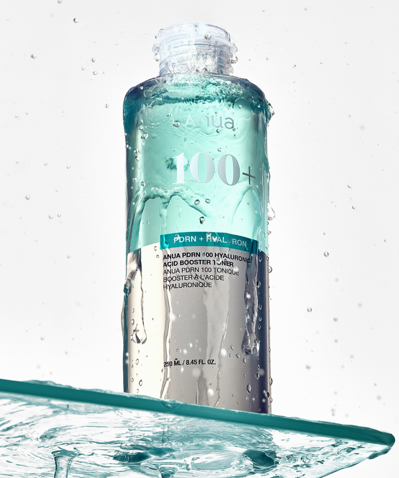 ANUA PDRN 100 Hyaluronic Acid Booster Toner 250ml bottle with water droplets