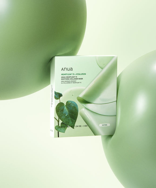 ANUA Heartleaf 70 Soothing Collagen Mask 4pcs product packaging surrounded by green balloons