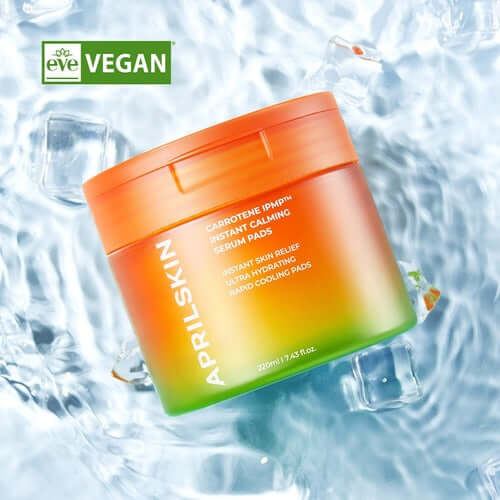 APRILSKIN Carrotene IPMP Inatant Calming Serum Pad on ice with vegan logo