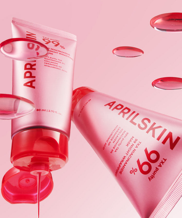 APRILSKIN TXA Niacinamide 99 Night Wrapping Mask 80ml on pink background with product highlights and droplets