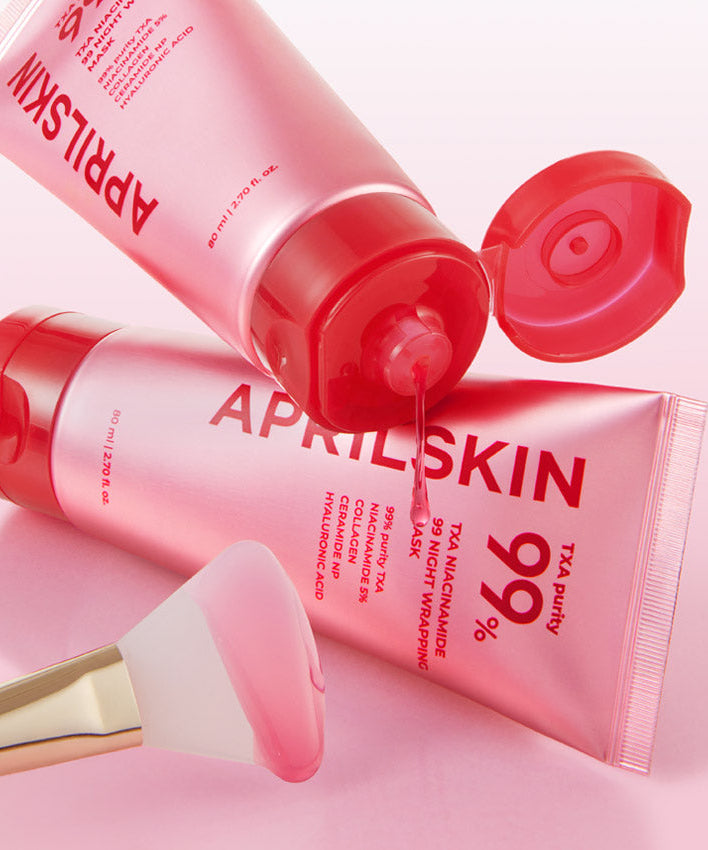 APRILSKIN TXA Niacinamide 99 Night Wrapping Mask 80ml with applicator brush, highlighting skincare features in pink packaging.