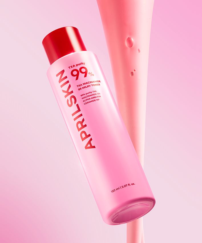APRILSKIN TXA Niacinamide 99 Milky Toner 150ml bottle against a pink background