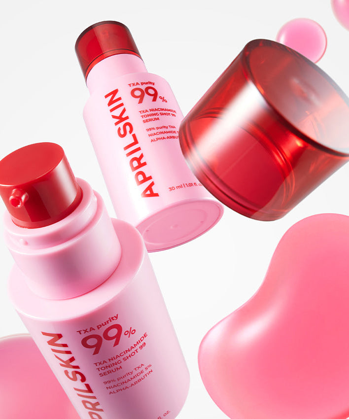APRILSKIN TXA Niacinamide Toning Shot 99 Serum 30ml with red cap and pink liquid, 30ml bottle, skincare product.