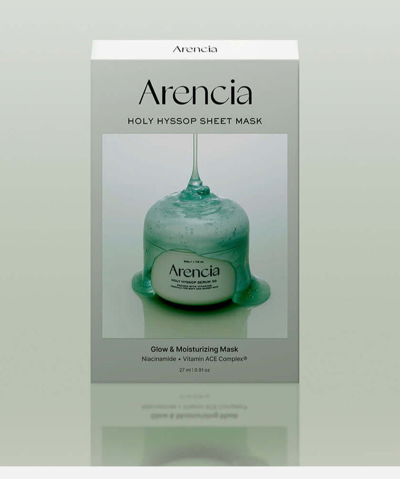 ARENCIA Holy Hyssop Mask Pack (5 piece) box, glow and moisturizing face mask with hyssop and vitamin complex.