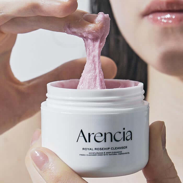 ARENCIA Royal Rosehip Fresh Cleanser Rice Soap 120g in use, showcasing creamy texture for skincare.