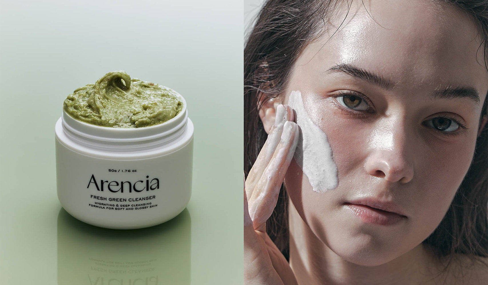 Arencia Fresh Green Cleanser jar beside a person applying face cream, highlighting skincare routine and product texture.