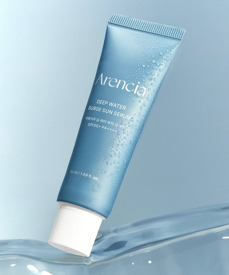 ARENCIA Deep Water Surge Sun Serum 50ml in blue packaging, highlighting its sun protection and moisturizing benefits.
