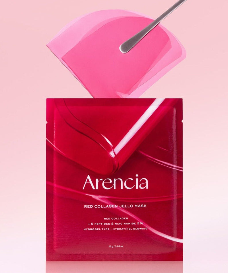 ARENCIA Red Collagen Gel Mask 4 Sheets packaging with open gel mask showing texture and color against a soft pink background