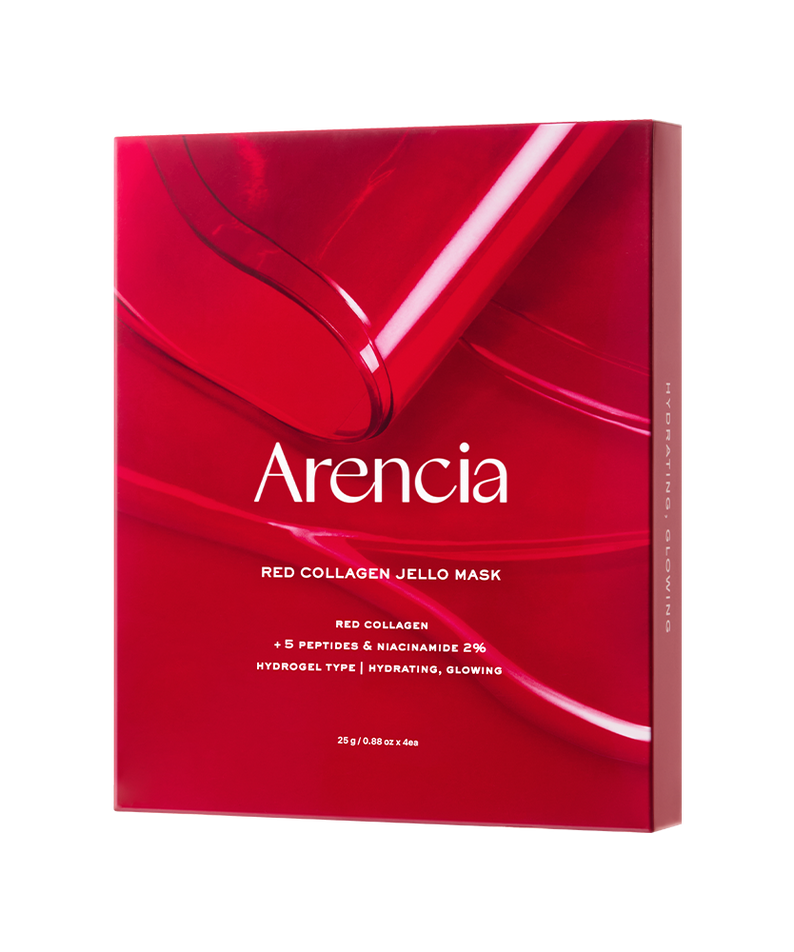 ARENCIA Red Collagen Gel Mask 4 Sheets in red packaging, featuring hydrating and glowing properties, rich in peptides and niacinamide.