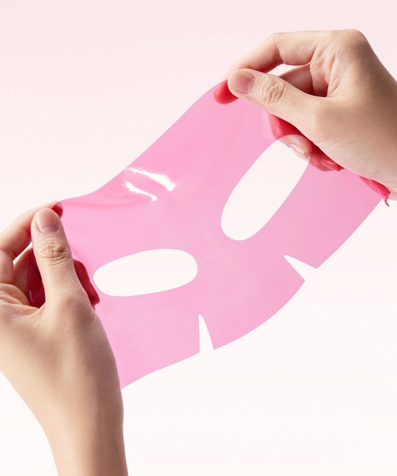 Hands holding sheet of ARENCIA Red Collagen Gel Mask 4 Sheets