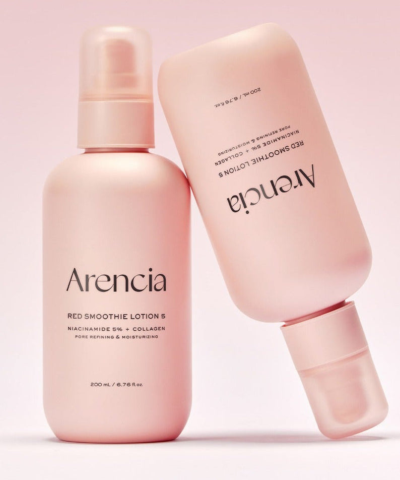 ARENCIA Red Smoothie Lotion 5 200ml bottles with niacinamide and collagen for pore refining and moisturizing, 200ml size.
