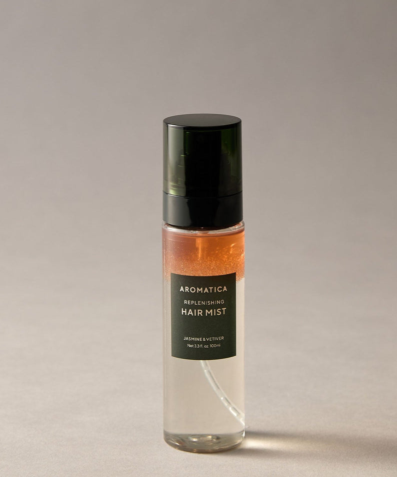 AROMATICA Replenishing Hair Mist Jasmine & Vetiver 100ml bottle on a neutral background