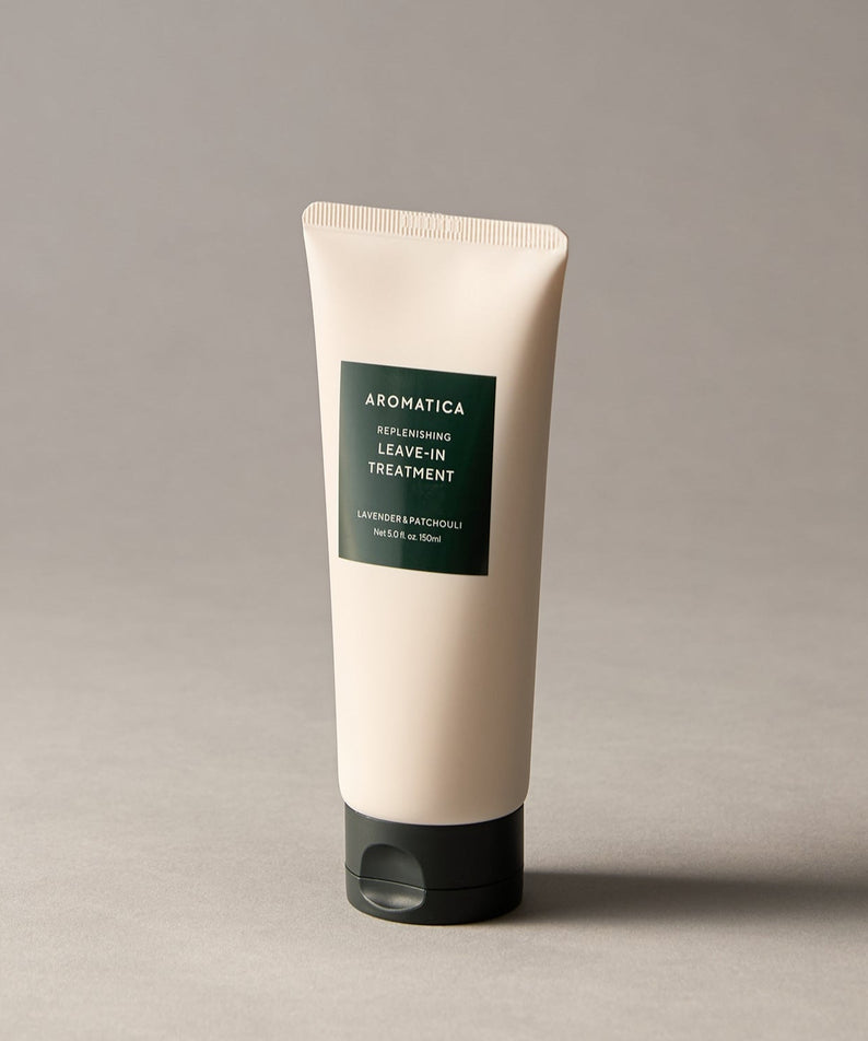 AROMATICA Replenishing Leave-In Treatment Lavender & Patchouli 150ML bottle on a neutral background.