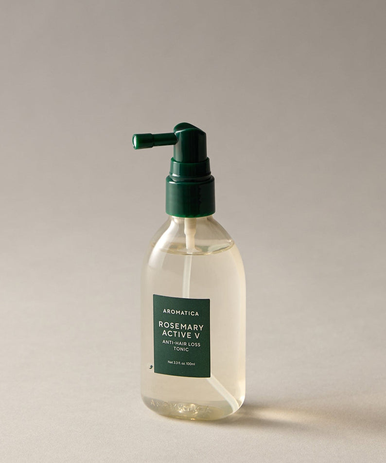 AROMATICA Rosemary Active V Anti-Hair Loss Tonic 100ML bottle with green pump cap on neutral background