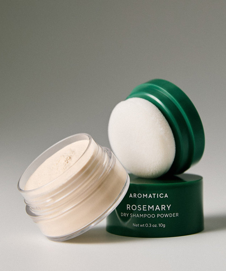 AROMATICA Rosemary Dry Shampoo Powder 10g open container with puff applicator, showcasing powder texture and packaging design.