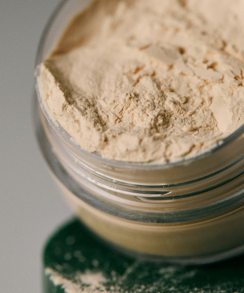 AROMATICA Rosemary Dry Shampoo Powder 10g open container with beige powder, close-up view showcasing product texture and quality.