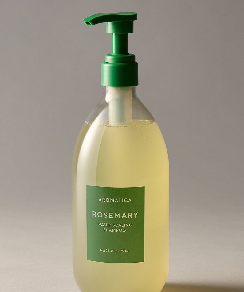 AROMATICA Rosemary Scalp Scaling Shampoo 750ML bottle with green pump on a neutral background