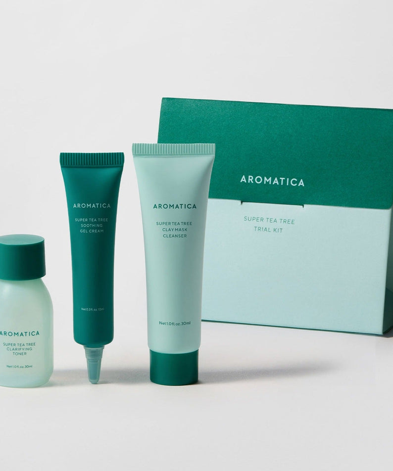 AROMATICA Super Tea Tree Trial Kit & Mini Essentials featuring skincare products and packaging.
