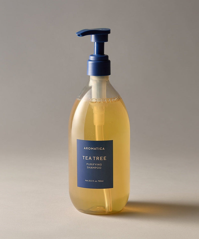 AROMATICA Tea Tree Purifying Shampoo 750ML bottle with pump on neutral background