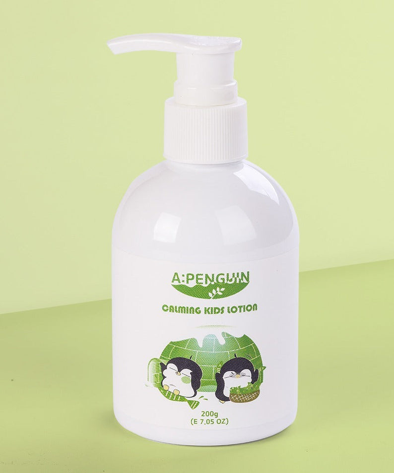 ATOMANDE Arctic Penguin Kids Children Calming Lotion Skin Soothing Moisturizing Body 200ml bottle on green background