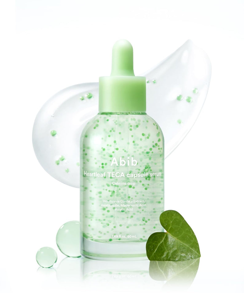 ABIB Heartleaf TECA Capsule Serum Calming Drop 50ml bottle with green serum beads on white background