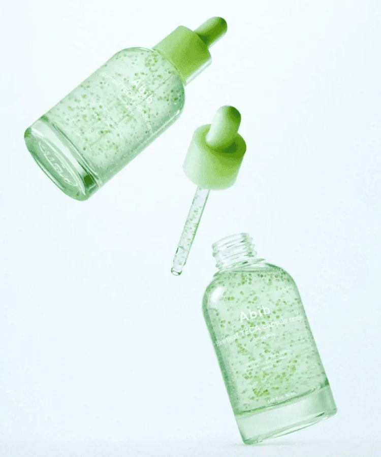 ABIB Heartleaf TECA Capsule Serum Calming Drop 50ml featuring two bottles with dropper design.