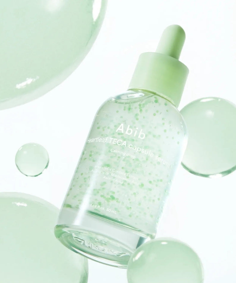 ABIB Heartleaf TECA Capsule Serum Calming Drop 50ml bottle with green liquid and bubbles