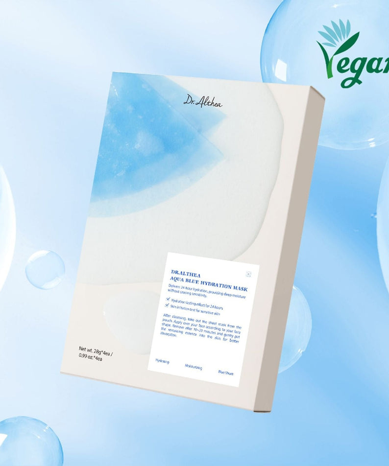 DR.ALTHEA Aqua Blue Hydrating Mask (4ea) packaging featuring vegan label with blue water droplets background