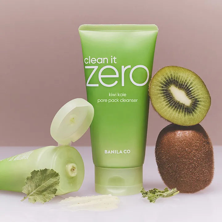 BANILA CO CLean It Zero Kiwi Pore Pack Cleanser 180g next to fresh kiwi fruit and packaging, showcasing product features and natural ingredients.