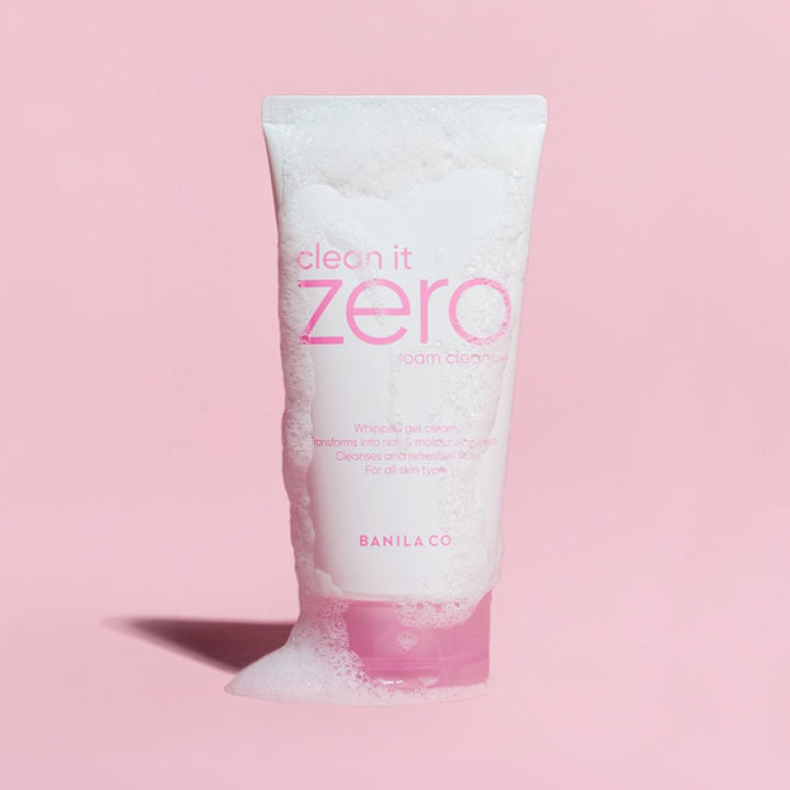 BANILA CO Clean It Zero Foam Cleanser 150ml with bubbles on pink background