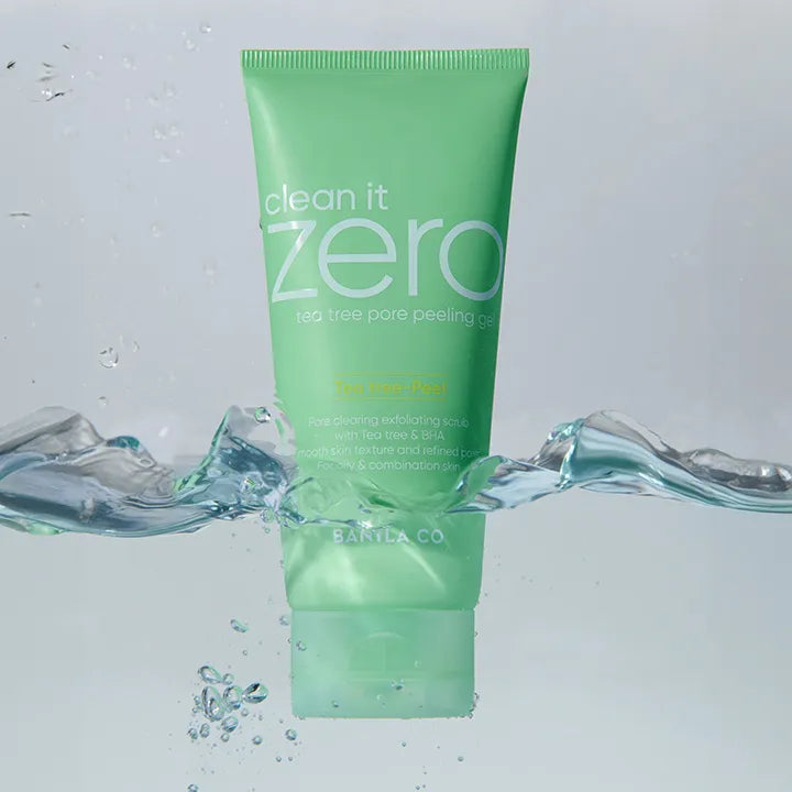 BANILA CO Tea Tree Pore Peeling Gel 200ml in a green tube shown with water splashes.