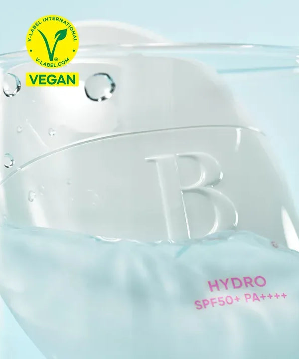 BANILACO All Day Prep Hydro UV Serum Base SPF50+PA++++ in glass with vegan certification, highlighting SPF protection and hydration.