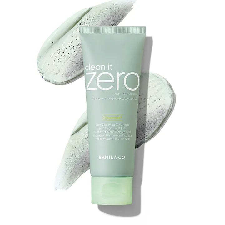 BANILA CO Clean It Zero Charcoal Capsule Pore Clay Mask 100g tube on textured background.
