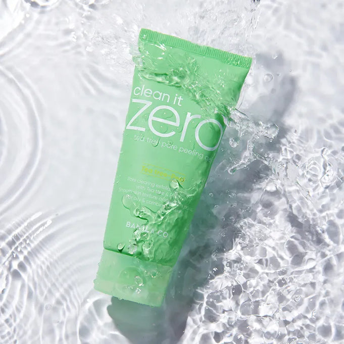 BANILA CO Tea Tree Pore Peeling Gel 200ml submerged in water showcasing refreshing skincare.