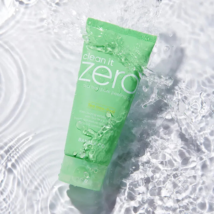 BANILA CO Tea Tree Pore Peeling Gel 200ml submerged in water showcasing refreshing skincare.