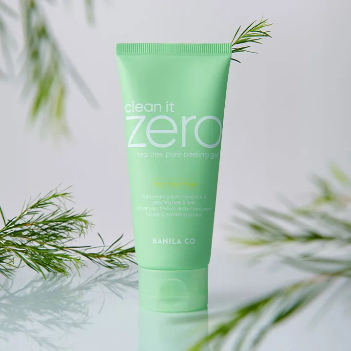 BANILA CO Tea Tree Pore Peeling Gel 200ml in a green tube with natural tea tree leaves in the background.