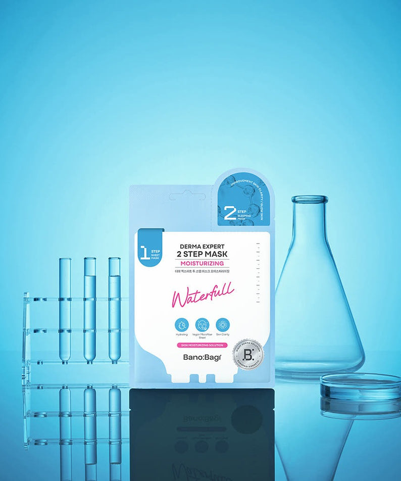 Image of BANOBAGI Derma Expert 2 Step Mask Moiturizing with laboratory glassware on a blue background