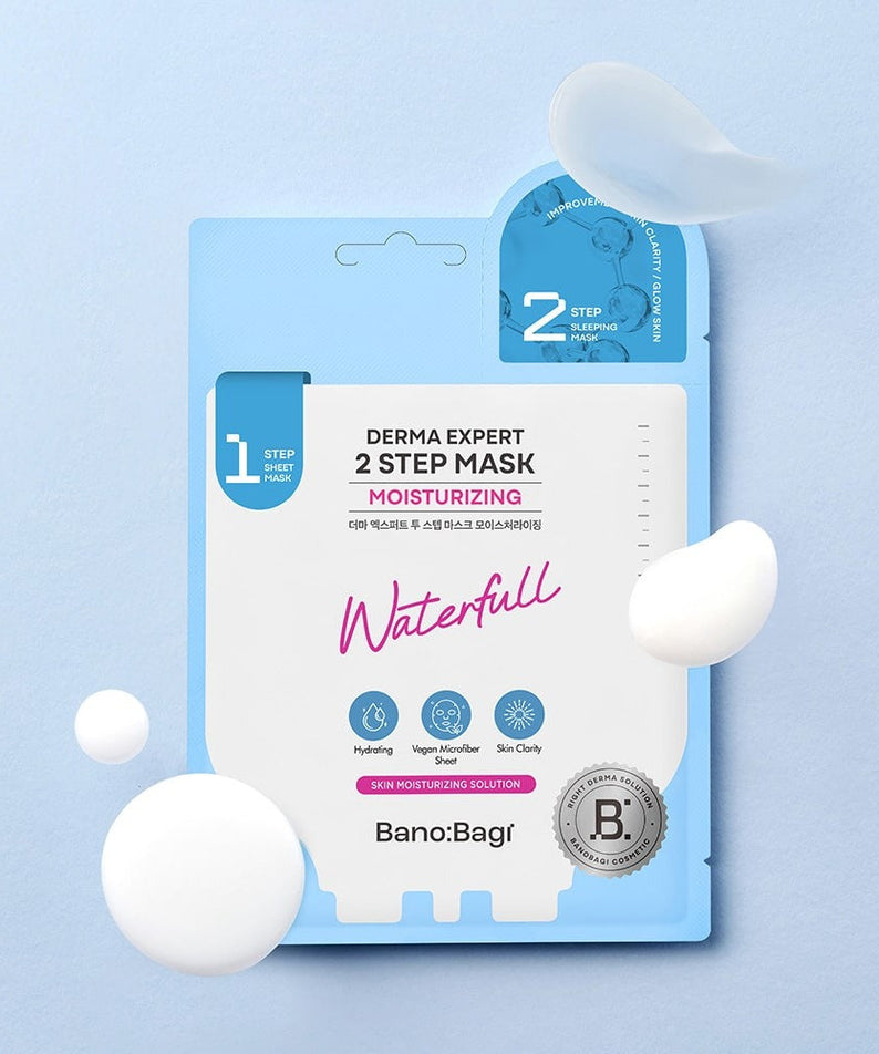 BANOBAGI Derma Expert 2 Step Mask Moiturizing packaging with hydrating features on a blue background.
