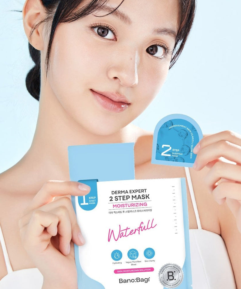 Woman holding BANOBAGI Derma Expert 2 Step Mask Moiturizing package, highlighting skincare benefits.