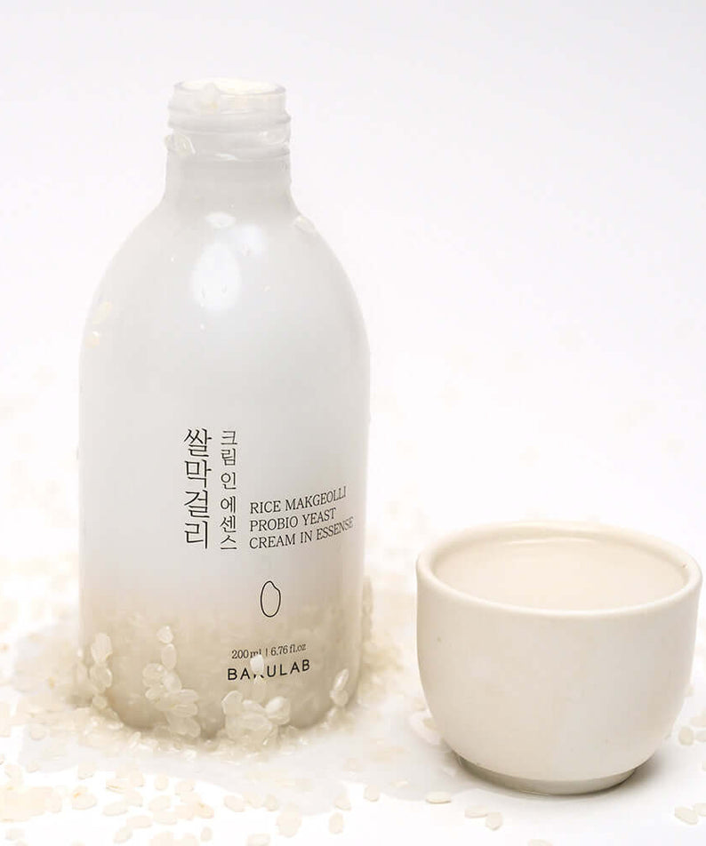 BARULAB Rice Makgeolli Probiotic Yeast Cream in Essence 200ml bottle with cup and rice