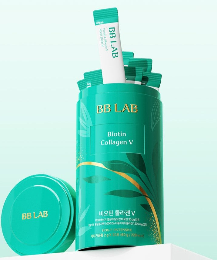 BB LAB Biotin Collagen V 30 Sticks 60g green packaging on a light background